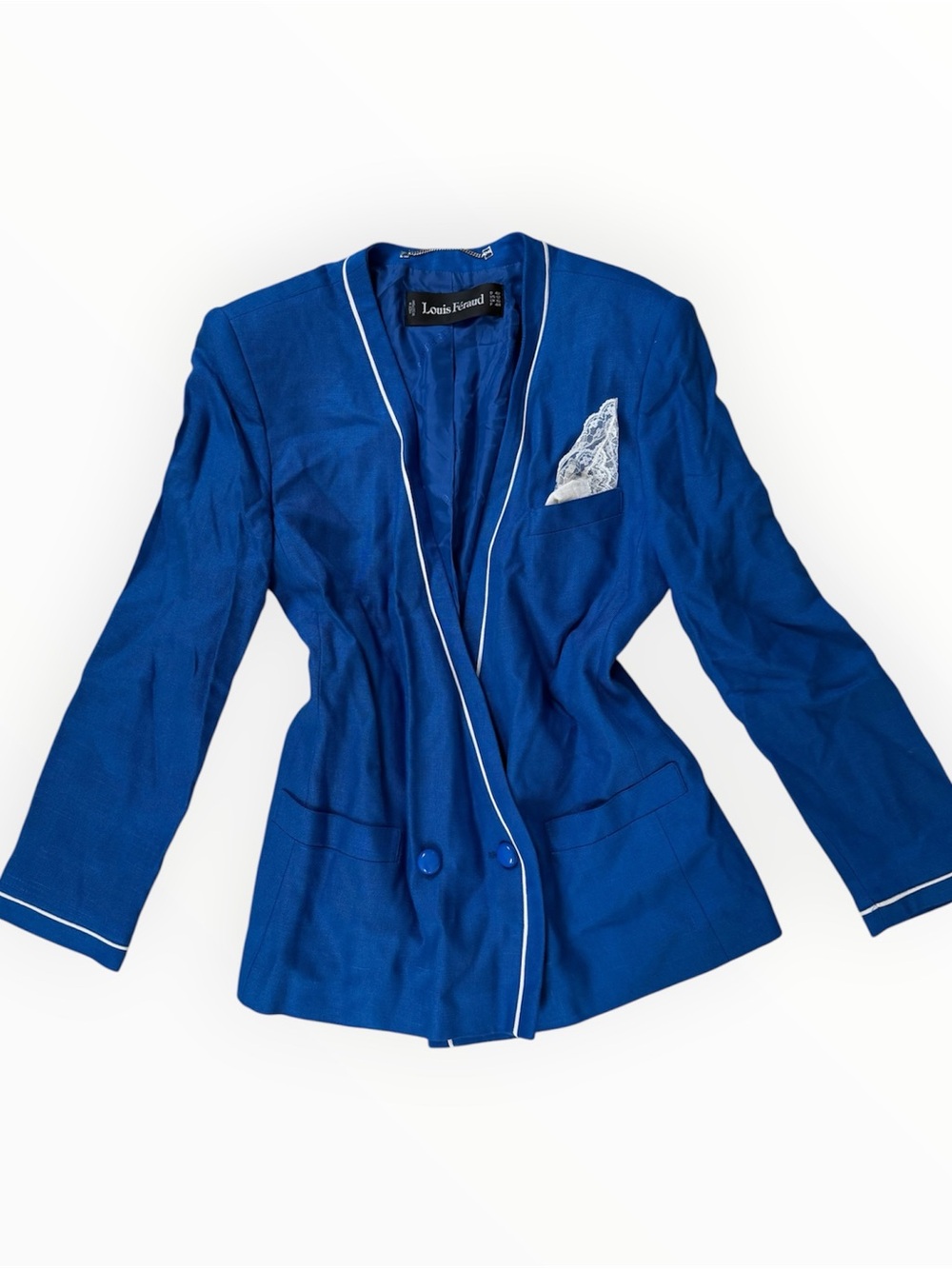 Vintage Louis Féraud Royal Blue Blazer with White Contrast Piping US 12